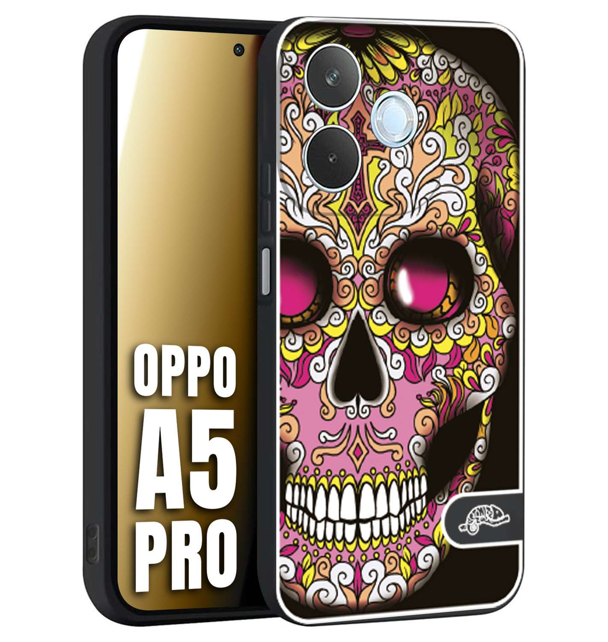 CUSTOMIZZA - Custodia cover nera morbida in tpu compatibile per Oppo A5 PRO teschio messicano Mexican skull rosa gialla