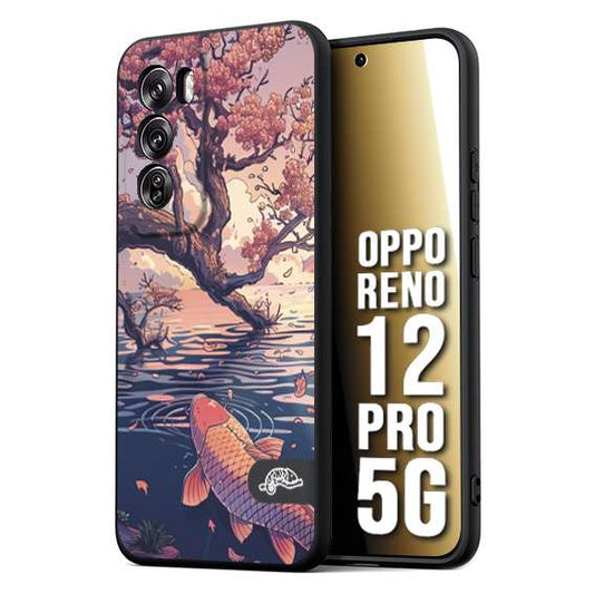 CUSTOMIZZA - Custodia cover nera morbida in tpu compatibile per Oppo Reno 12 PRO 5G giapponese lago carpa koi rosa con foglie d'acero disegnata tattoo