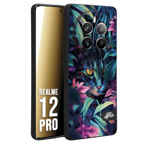 CUSTOMIZZA - Custodia cover nera morbida in tpu compatibile per Realme 12 PRO animali color giungla tropicale occhio di gatto colori vibranti disegnato