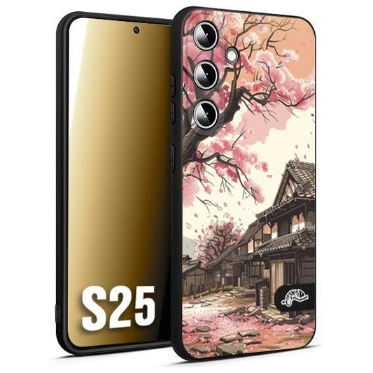 CUSTOMIZZA - Custodia cover nera morbida in tpu compatibile per Samsung S25 casa giapponese rosa ciliegio in fiore disegnata tattoo