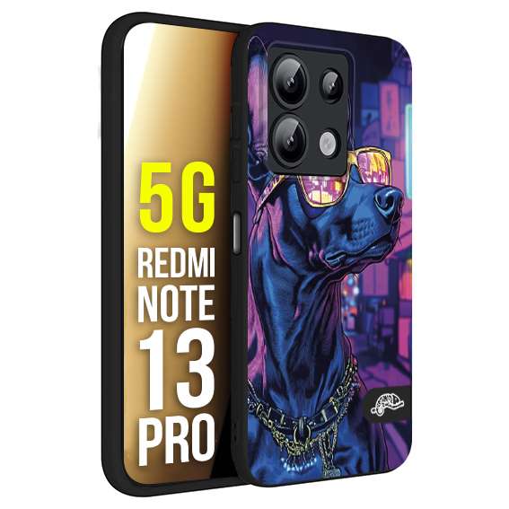 CUSTOMIZZA - Custodia cover nera morbida in tpu compatibile per Xiaomi Redmi Note 13 PRO 5G animali cyberpunk dobermann cane street dog fucsia blu night