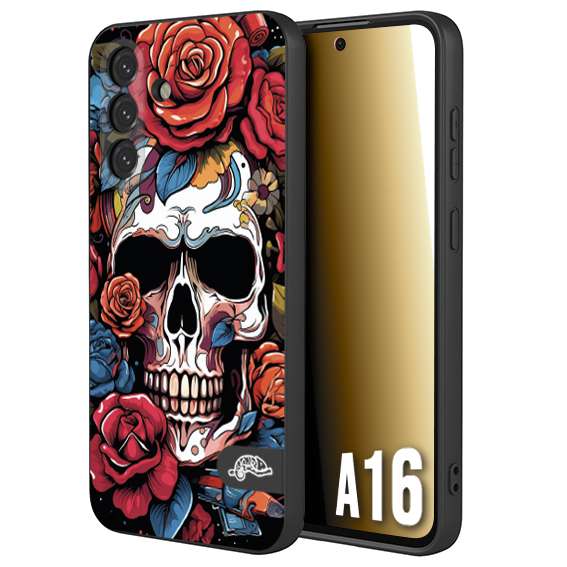 CUSTOMIZZA - Custodia cover nera morbida in tpu compatibile per Samsung A16 teschio skull flowers fiori rose rosse tattoo disegnato
