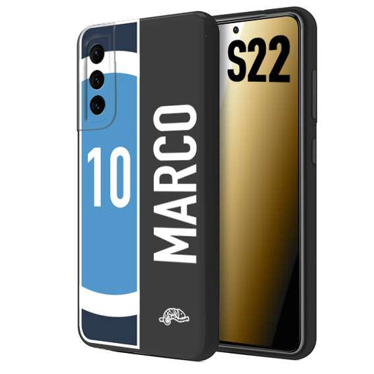 CUSTOMIZZA - Custodia cover nera morbida in tpu compatibile per Samsung S22 personalizzata calcio football nome e numero calciatori biancoazzurri bianco celesti