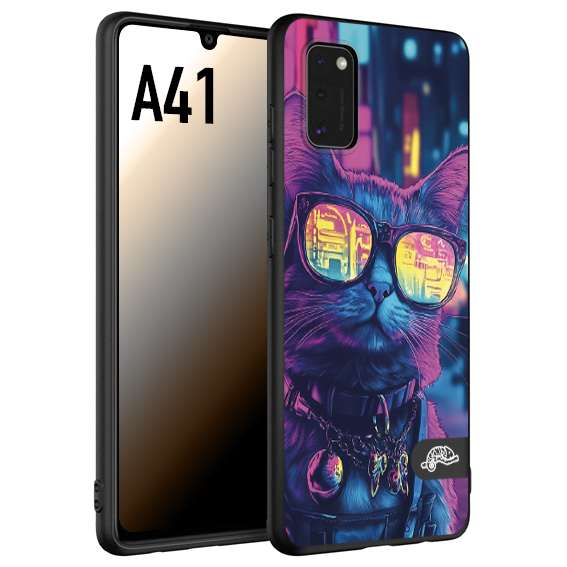 CUSTOMIZZA - Custodia cover nera morbida in tpu compatibile per Samsung A41 animali cyberpunk gatto street cat fucsia blu giallo