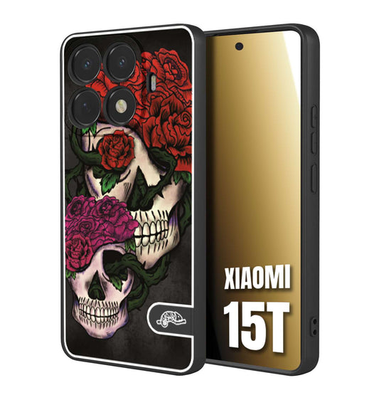 CUSTOMIZZA - Custodia cover nera morbida in tpu compatibile per Xiaomi 15T teschi e rose rosse fucsia skull and roses