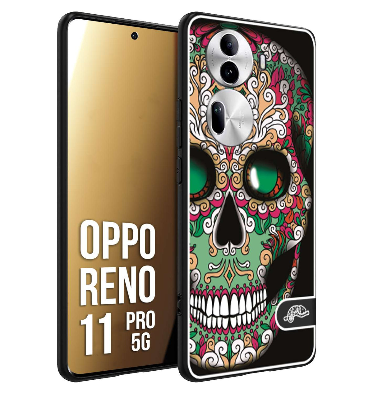 CUSTOMIZZA - Custodia cover nera morbida in tpu compatibile per Oppo Reno 11 PRO 5G teschio messicano Mexican skull verde fucsia