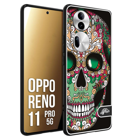 CUSTOMIZZA - Custodia cover nera morbida in tpu compatibile per Oppo Reno 11 PRO 5G teschio messicano Mexican skull verde fucsia