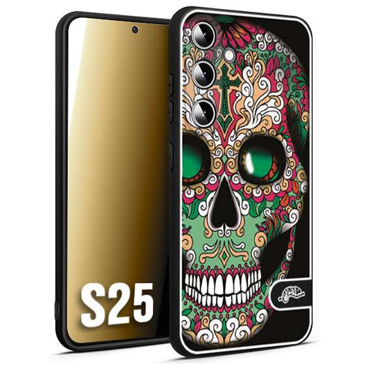 CUSTOMIZZA - Custodia cover nera morbida in tpu compatibile per Samsung S25 teschio messicano Mexican skull verde fucsia