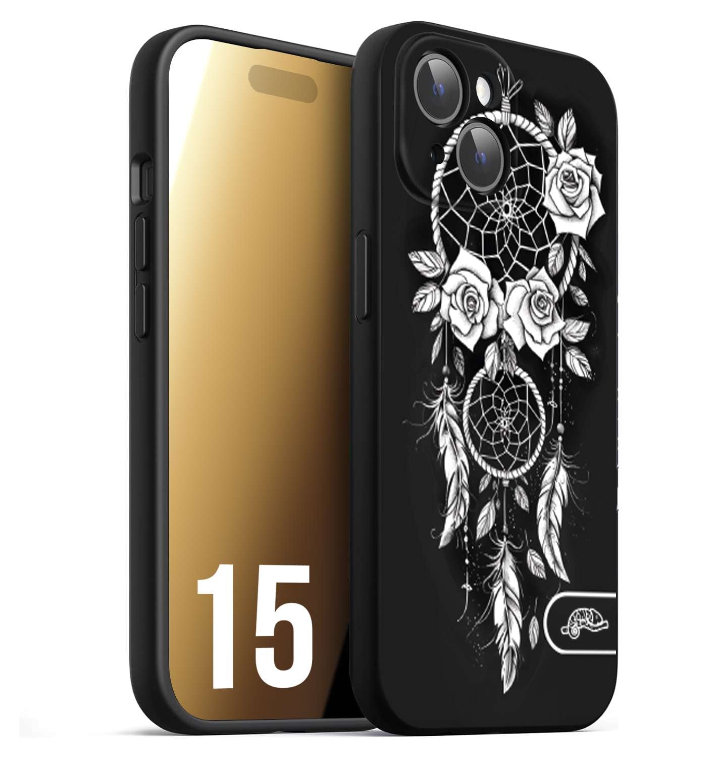 CUSTOMIZZA - Custodia cover nera morbida in tpu compatibile per iPhone 15 acchiappasogni dreamcatcher black and white bianco a rilievo disegnato tattoo tatuaggio