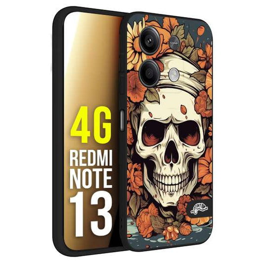CUSTOMIZZA - Custodia cover nera morbida in tpu compatibile per Xiaomi Redmi Note 13 4G teschio skull flowers fiori tattoo disegnato alta definizione