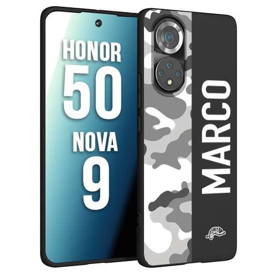 CUSTOMIZZA - Custodia cover nera morbida in tpu compatibile per Huawei Nova 9 - Honor 50 camouflage mimetico militare personalizzata nome bianco