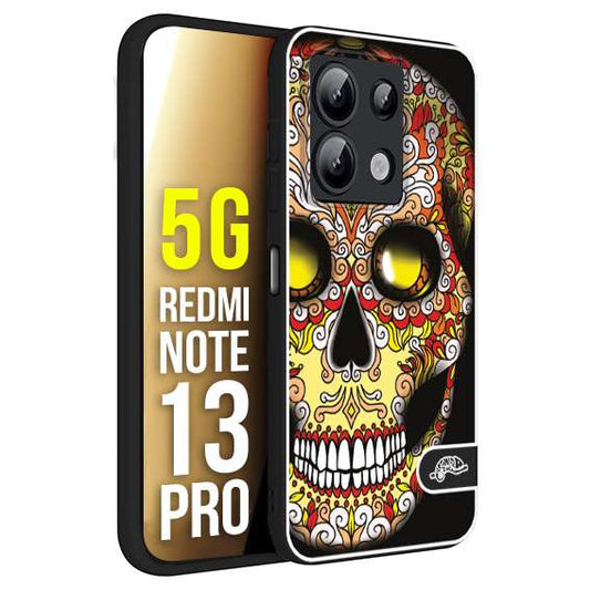 CUSTOMIZZA - Custodia cover nera morbida in tpu compatibile per Xiaomi Redmi Note 13 PRO 5G teschio messicano Mexican skull giallo rosso arancio