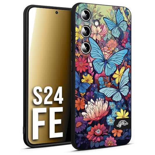 CUSTOMIZZA - Custodia cover nera morbida in tpu compatibile per Samsung S24 FE farfalle butterfly moderno donna disegnate gialla blu rosa