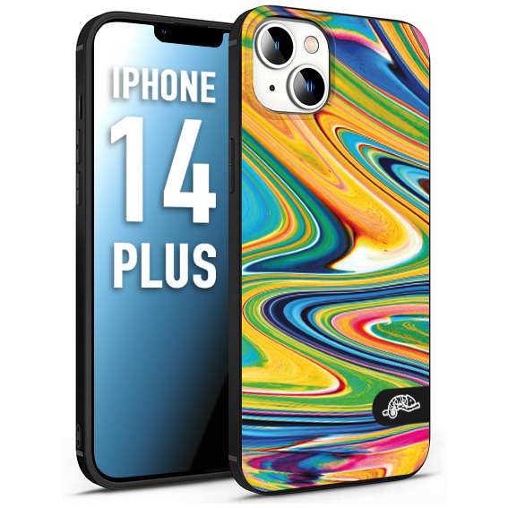 CUSTOMIZZA - Custodia cover nera morbida in tpu compatibile per iPhone 14 PLUS colorata fantasia vortice marmo arcobaleno gialla verde blu