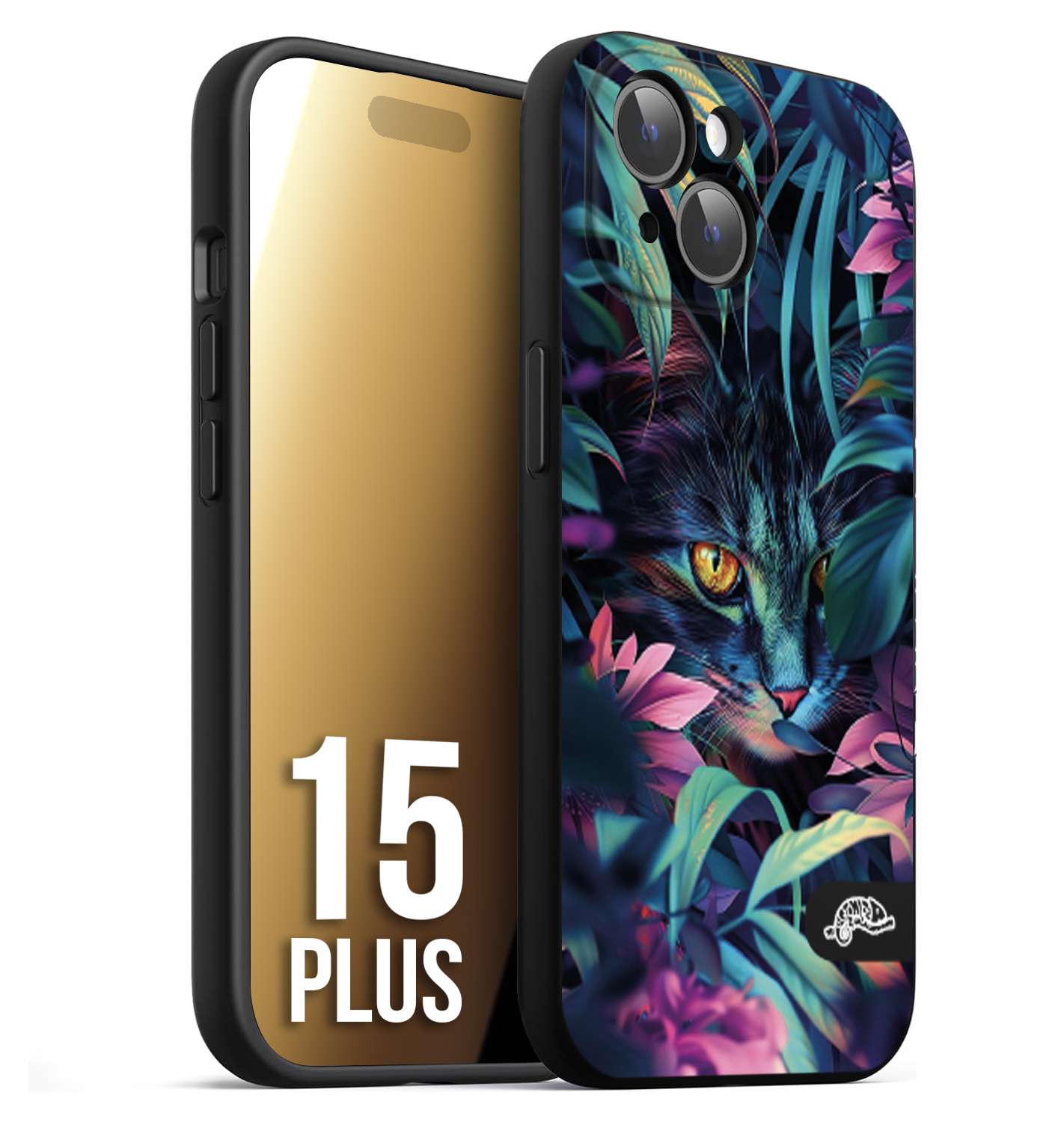 CUSTOMIZZA - Custodia cover nera morbida in tpu compatibile per iPhone 15 PLUS animali color giungla tropicale occhio di gatto colori vibranti disegnato