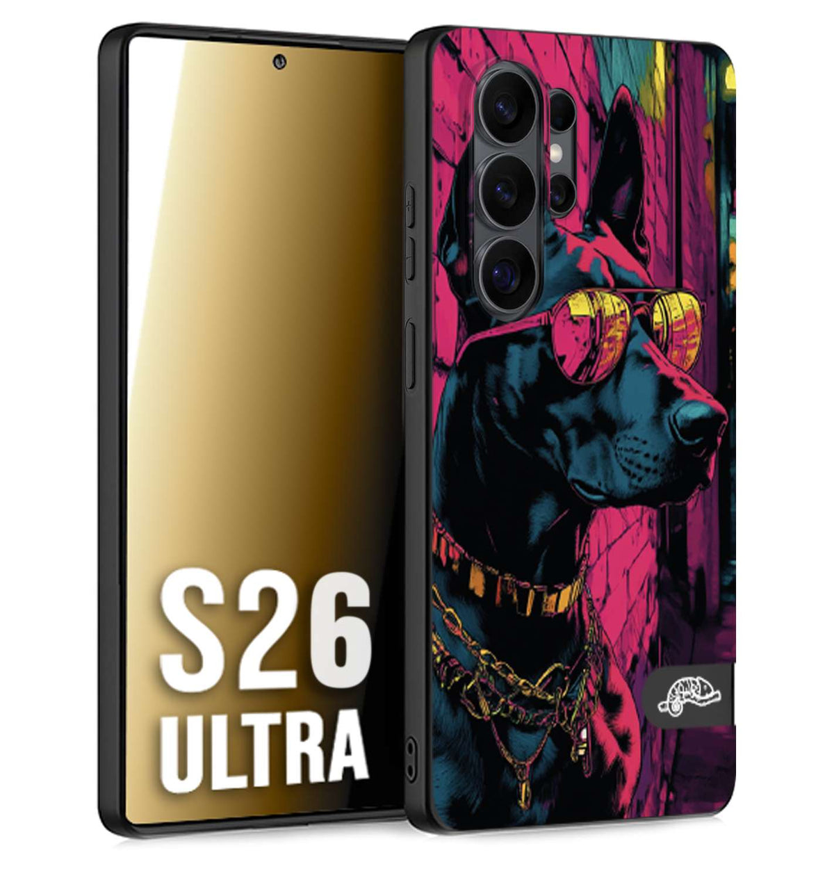 CUSTOMIZZA - Custodia cover nera morbida in tpu compatibile per Samsung S26 ULTRA animali cyberpunk dobermann cane street dog fucsia blu