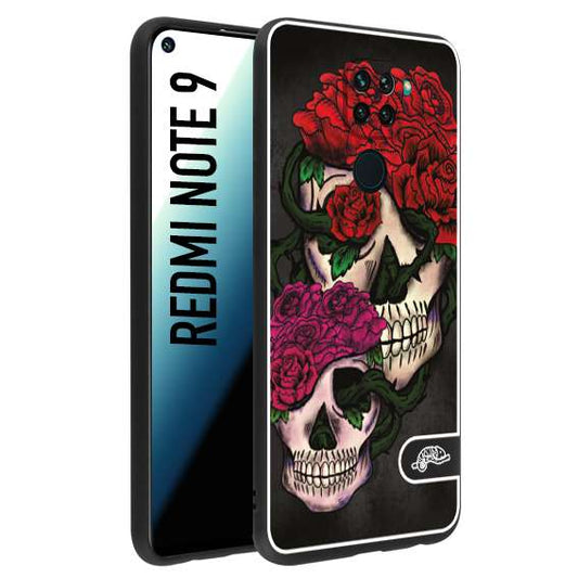 CUSTOMIZZA - Custodia cover nera morbida in tpu compatibile per Xiaomi Redmi Note 9 teschi e rose rosse fucsia skull and roses