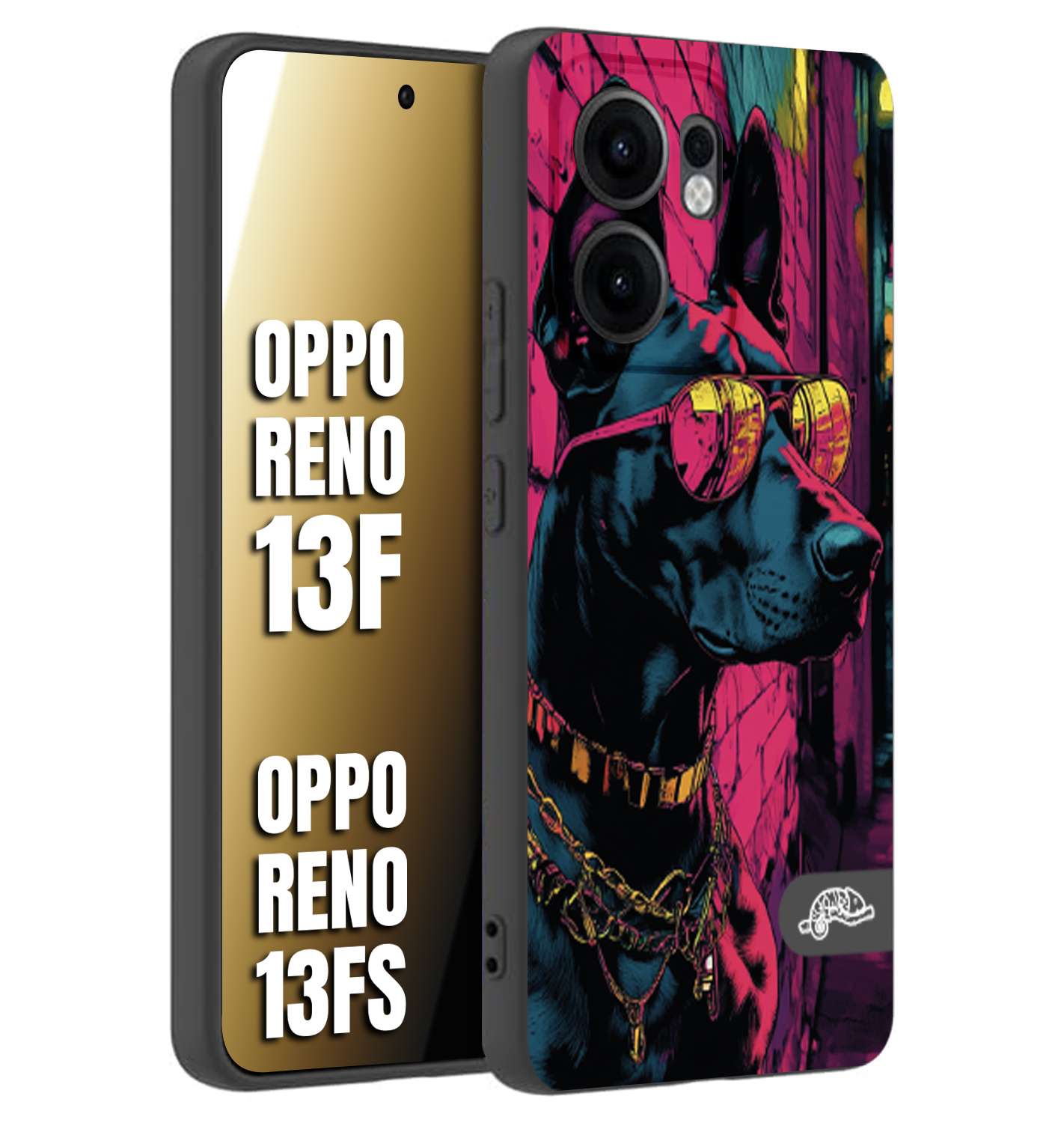 CUSTOMIZZA - Custodia cover nera morbida in tpu compatibile per Oppo Reno 13 F animali cyberpunk dobermann cane street dog fucsia blu