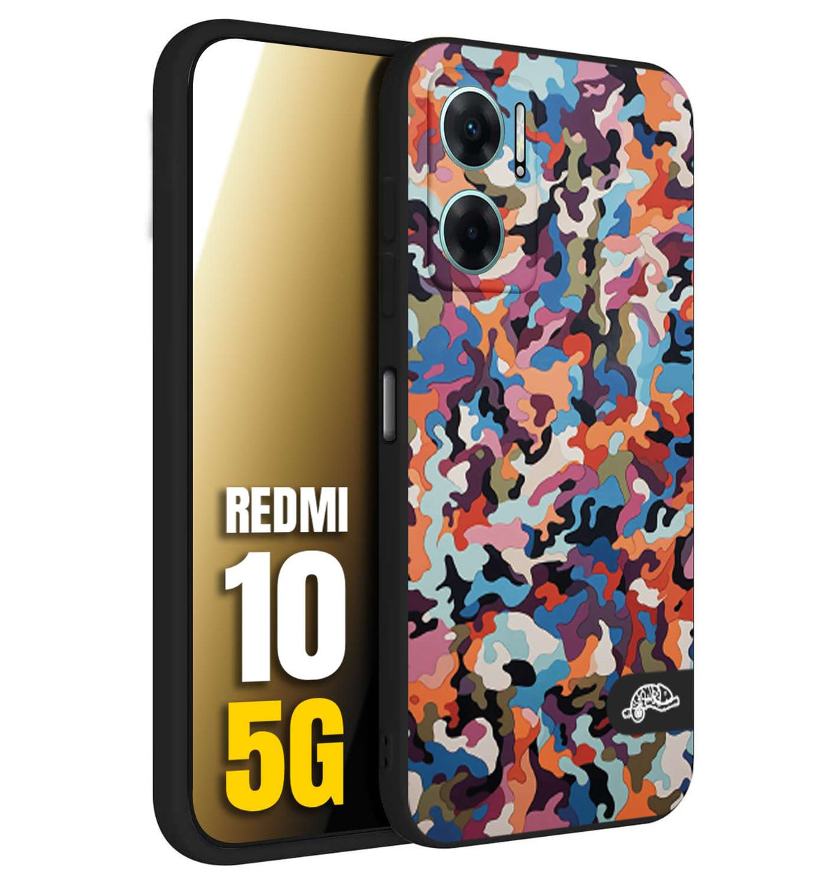 CUSTOMIZZA - Custodia cover nera morbida in tpu compatibile per Xiaomi Redmi 10 5G camouflage mimetico militare moderno blu arancio rosa