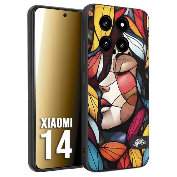 CUSTOMIZZA - Custodia cover nera morbida in tpu compatibile per Xiaomi 14 Vetrata artistica volto di donna profilo fogliare mosaico di vetro colorato
