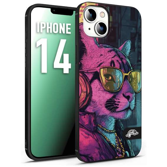 CUSTOMIZZA - Custodia cover nera morbida in tpu compatibile per iPhone 14 animali cyberpunk pantera street cat fucsia blu giallo