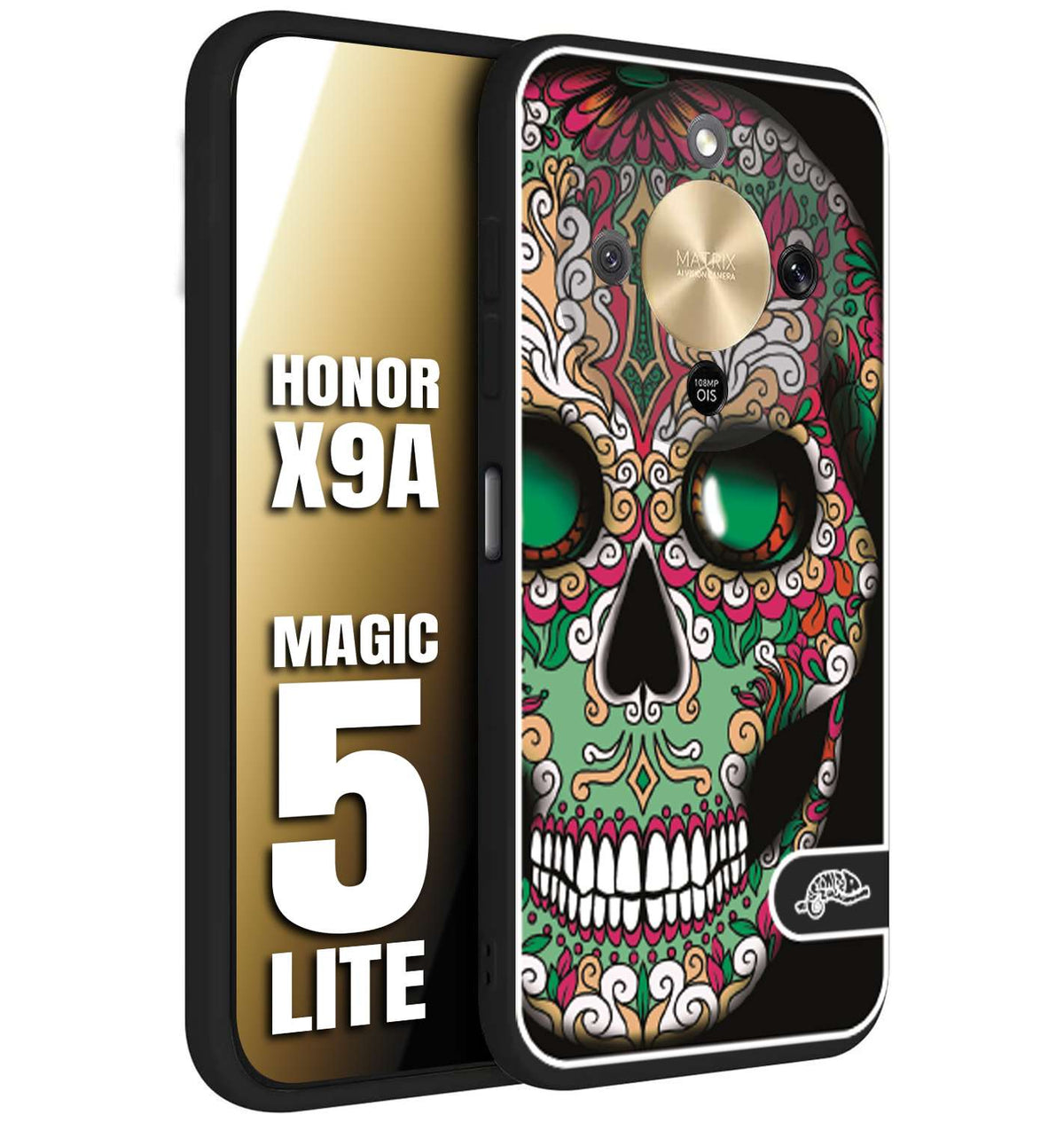 CUSTOMIZZA - Custodia cover nera morbida in tpu compatibile per Honor X9A - Honor Magic 5 Lite teschio messicano Mexican skull verde fucsia