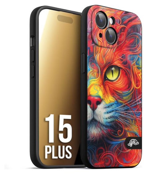 CUSTOMIZZA - Custodia cover nera morbida in tpu compatibile per iPhone 15 PLUS animali color cat gatto viso colori vibranti disegnato schizzo