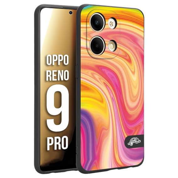 CUSTOMIZZA - Custodia cover nera morbida in tpu compatibile per Oppo Reno 9 PRO colorata fantasia vortice marmo onde rosa fucsia gialla