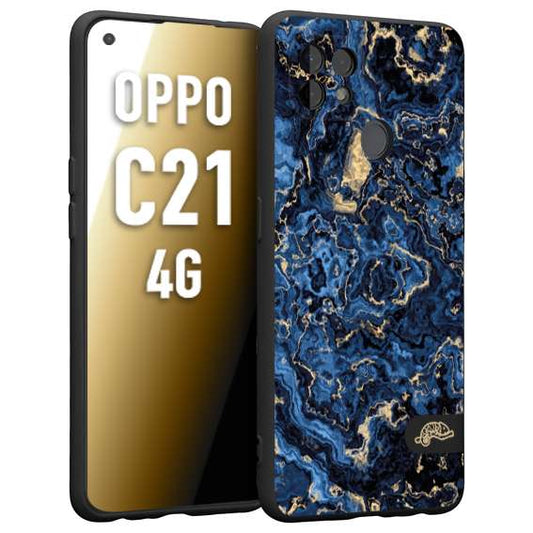 CUSTOMIZZA - Custodia cover nera morbida in tpu compatibile per Oppo Realme C21 4G effetto marmo marble blu venature dorato psichedelico