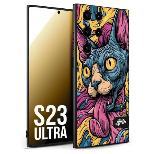 CUSTOMIZZA - Custodia cover nera morbida in tpu compatibile per Samsung S23 ULTRA Sphynx Colorato Pop Art Psichedelico Gatto Blu Rosa Giallo Artistica Fantasy