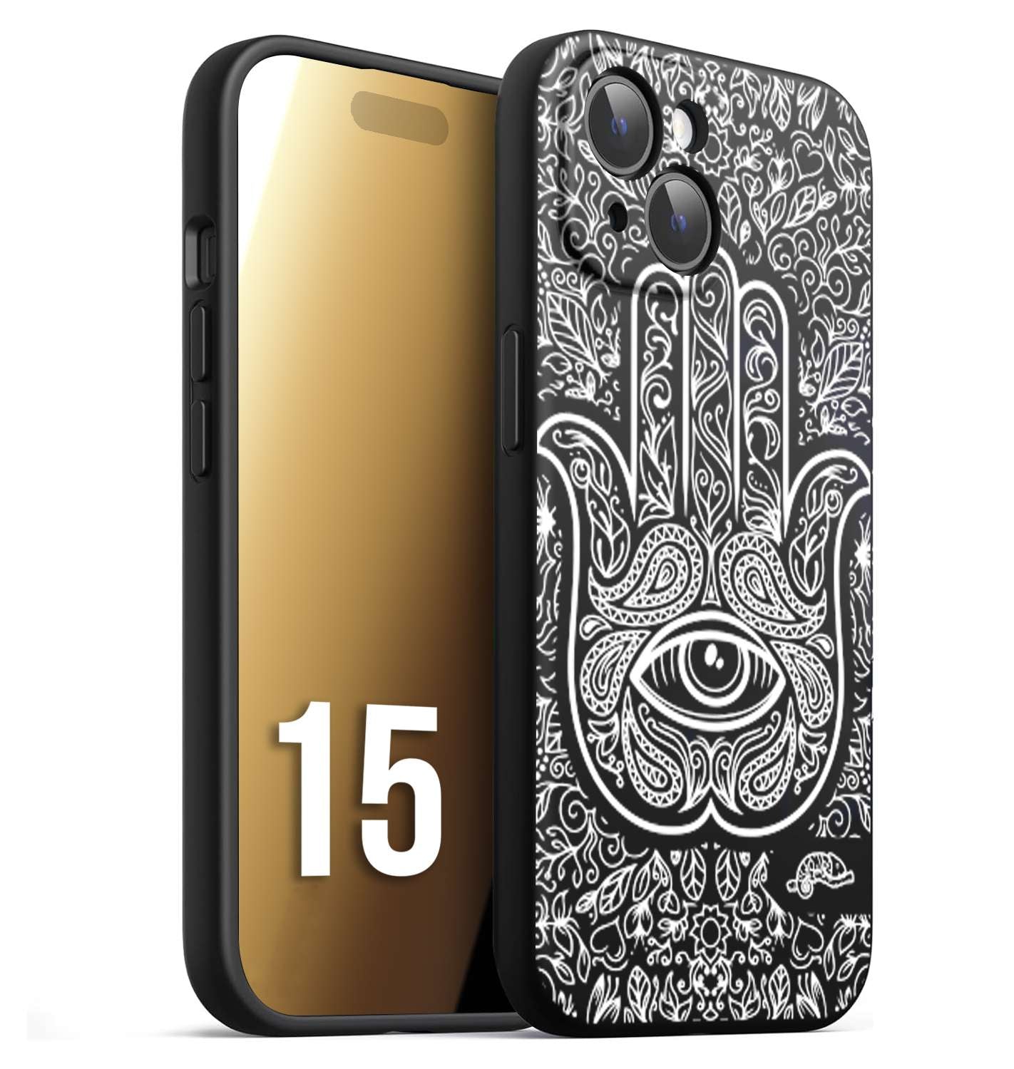 CUSTOMIZZA - Custodia cover nera morbida in tpu compatibile per iPhone 15 mano di fatima effetto rilievo mandala donna