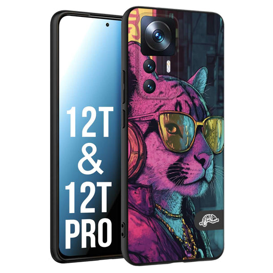 CUSTOMIZZA - Custodia cover nera morbida in tpu compatibile per Xiaomi 12T - 12T PRO animali cyberpunk pantera street cat fucsia blu giallo
