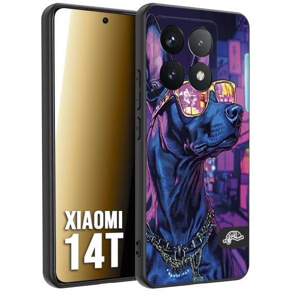 CUSTOMIZZA - Custodia cover nera morbida in tpu compatibile per Xiaomi 14T animali cyberpunk dobermann cane street dog fucsia blu night