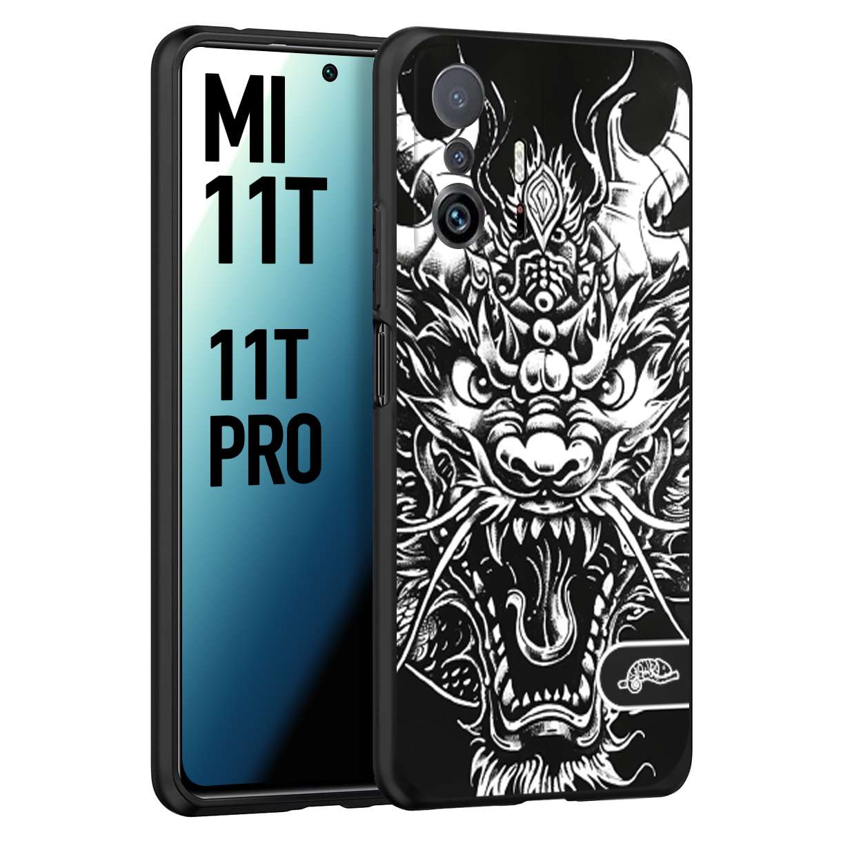 CUSTOMIZZA - Custodia cover nera morbida in tpu compatibile per Xiaomi Mi 11T - Mi 11T PRO drago black and white bianco a rilievo disegnato tattoo tatuaggio