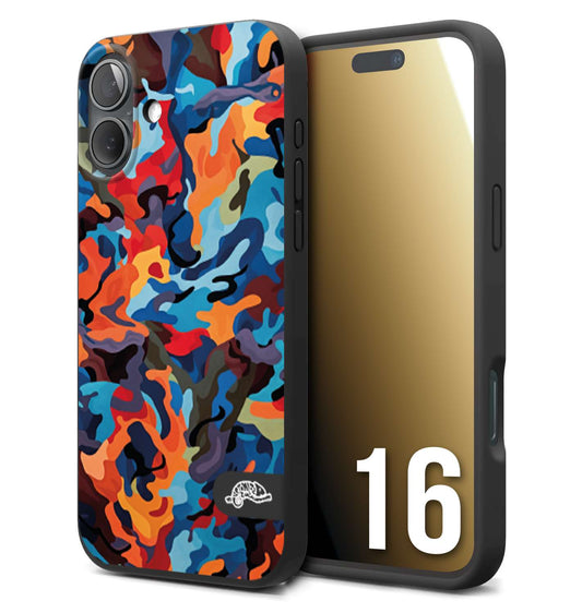 CUSTOMIZZA - Custodia cover nera morbida in tpu compatibile per iPhone 16 camouflage mimetico militare moderno blu arancio rosso