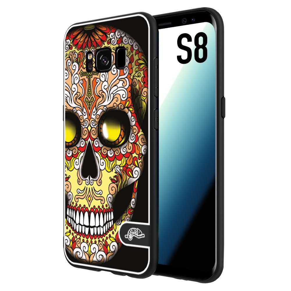 CUSTOMIZZA - Custodia cover nera morbida in tpu compatibile per Samsung S8 teschio messicano Mexican skull giallo rosso arancio