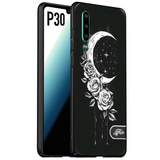 CUSTOMIZZA - Custodia cover nera morbida in tpu compatibile per Huawei P30 luna e fiori moon flowers black and white bianco a rilievo disegnato tattoo tatuaggio