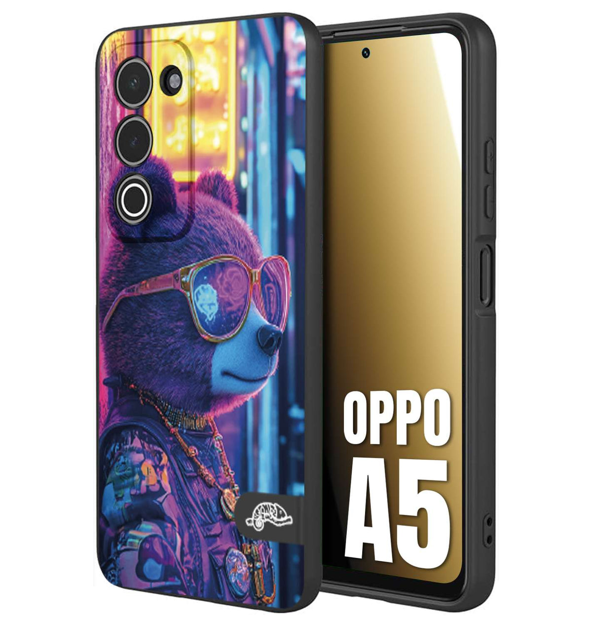CUSTOMIZZA - Custodia cover nera morbida in tpu compatibile per Oppo A5 animali cyberpunk orsetto orso street bear fucsia blu night
