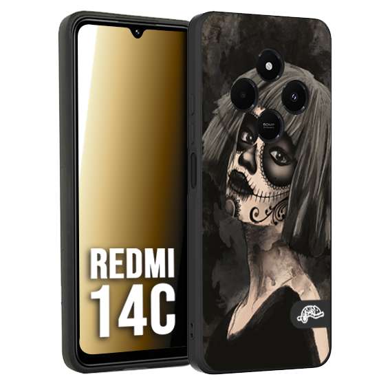 CUSTOMIZZA - Custodia cover nera morbida in tpu compatibile per Xiaomi Redmi 14C chicana messicana dea de la muerte donna santa tattoo disegnata