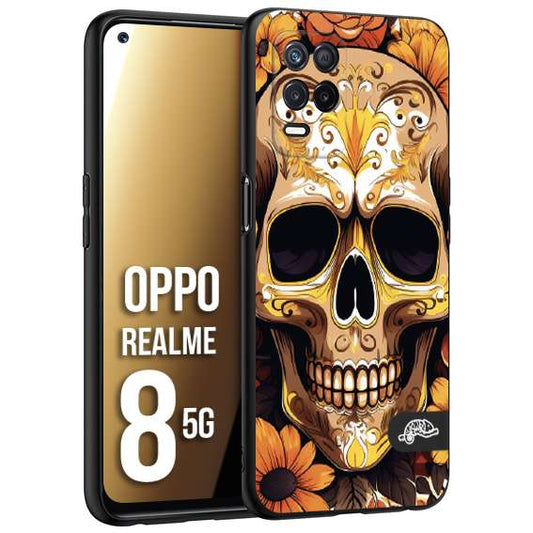 CUSTOMIZZA - Custodia cover nera morbida in tpu compatibile per Realme 8 5G teschio messicano colorato dorato fiori tattoo disegnato