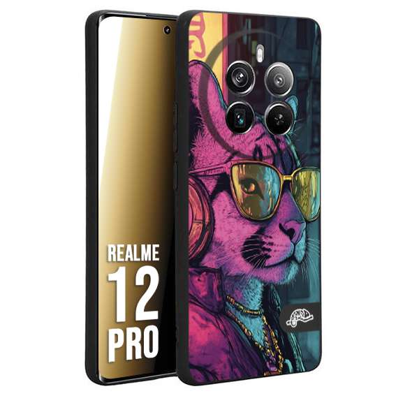 CUSTOMIZZA - Custodia cover nera morbida in tpu compatibile per Realme 12 PRO animali cyberpunk pantera street cat fucsia blu giallo
