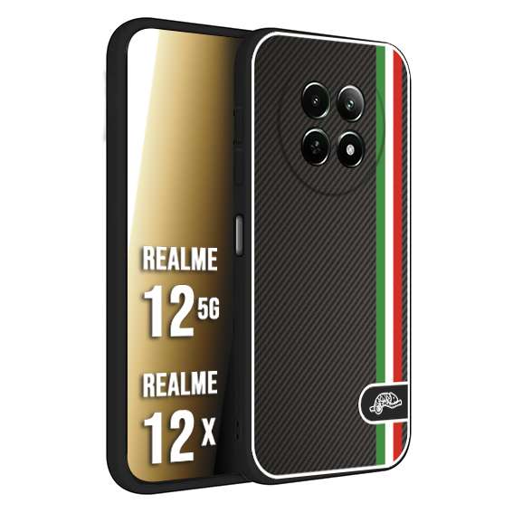 CUSTOMIZZA - Custodia cover nera morbida in tpu compatibile per Realme 12 5G - 12X effetto fibra di carbonio bandiera Italia made in Italy