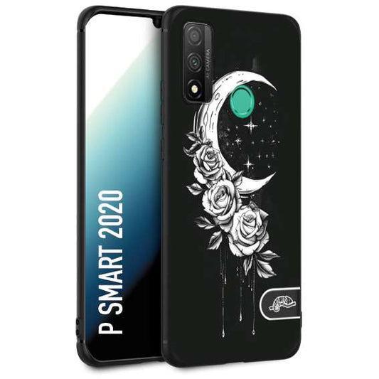 CUSTOMIZZA - Custodia cover nera morbida in tpu compatibile per Huawei P Smart 2020 luna e fiori moon flowers black and white bianco a rilievo disegnato tattoo tatuaggio