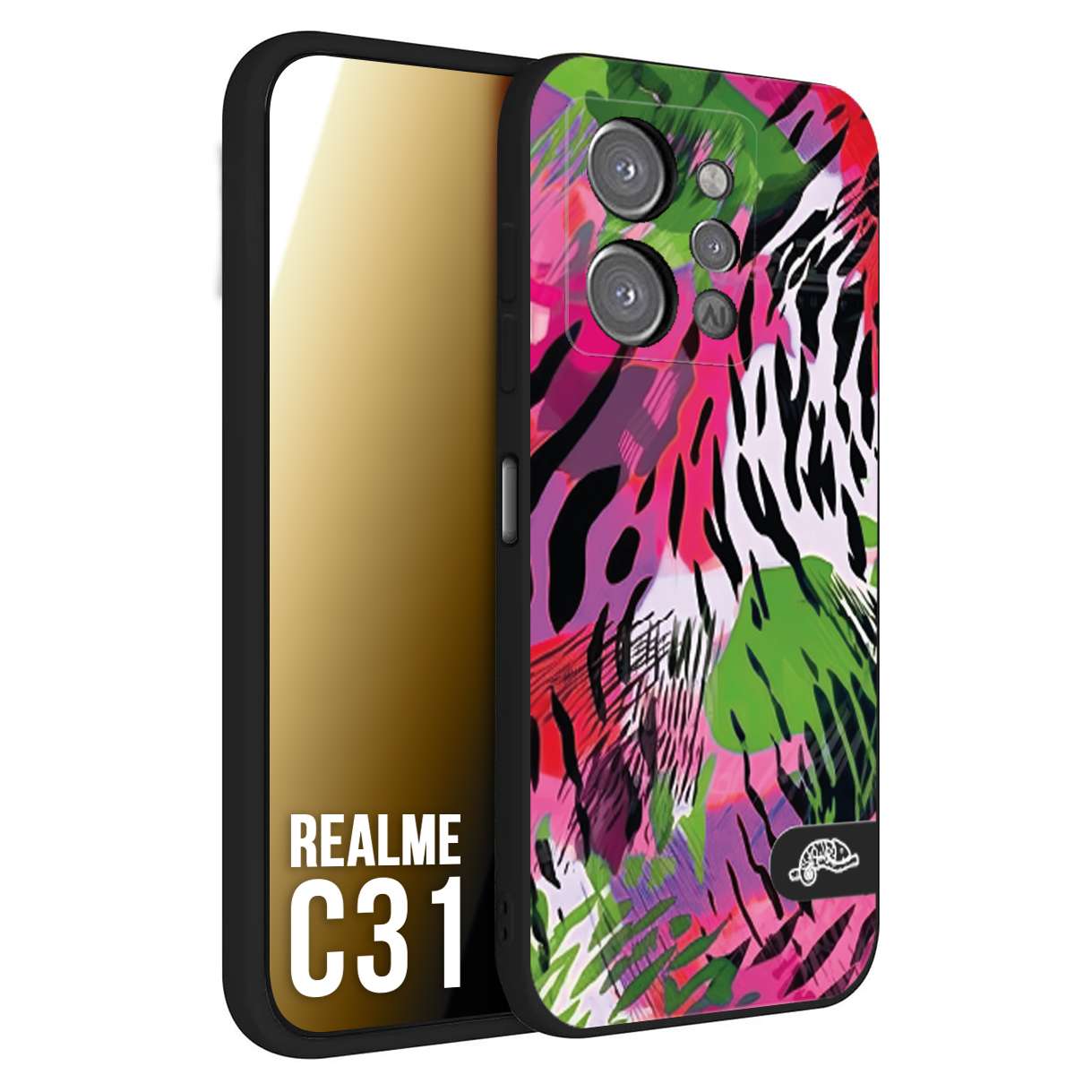 CUSTOMIZZA - Custodia cover nera morbida in tpu compatibile per Oppo Realme C31 leopardato tigrato tiger colorata summer color verde fucsia