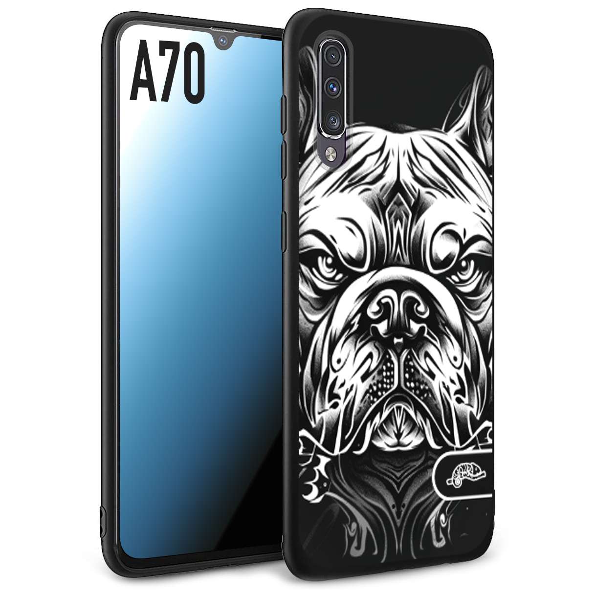 CUSTOMIZZA - Custodia cover nera morbida in tpu compatibile per Samsung A70 bulldog bianco a rilievo disegnato tattoo tatuaggio