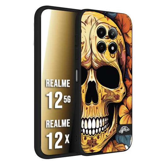CUSTOMIZZA - Custodia cover nera morbida in tpu compatibile per Realme 12 5G - 12X teschio messicano colorato dorato fiori autunnali disegnato