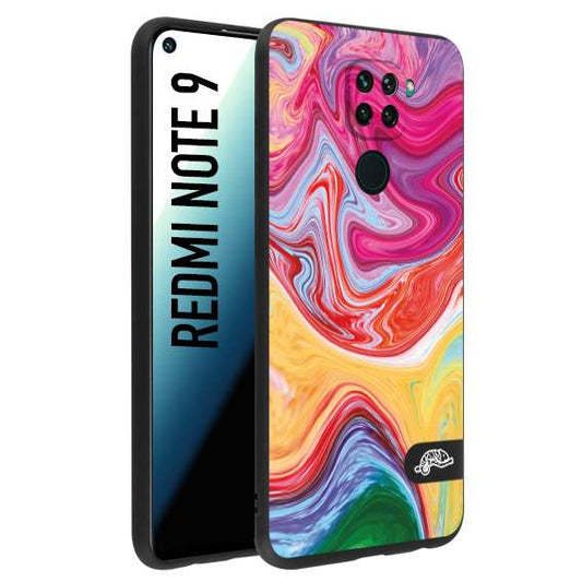 CUSTOMIZZA - Custodia cover nera morbida in tpu compatibile per Xiaomi Redmi Note 9 colorata fantasia vortice marmo onde verde fucsia gialla