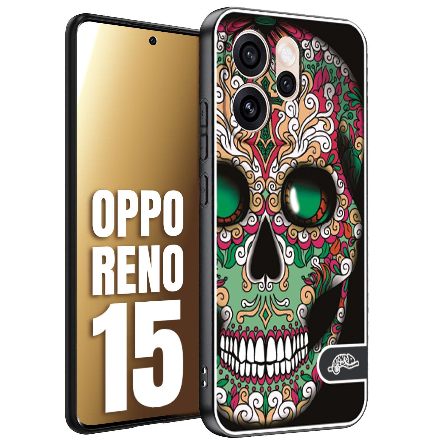 CUSTOMIZZA - Custodia cover nera morbida in tpu compatibile per Oppo Reno 15 teschio messicano Mexican skull verde fucsia