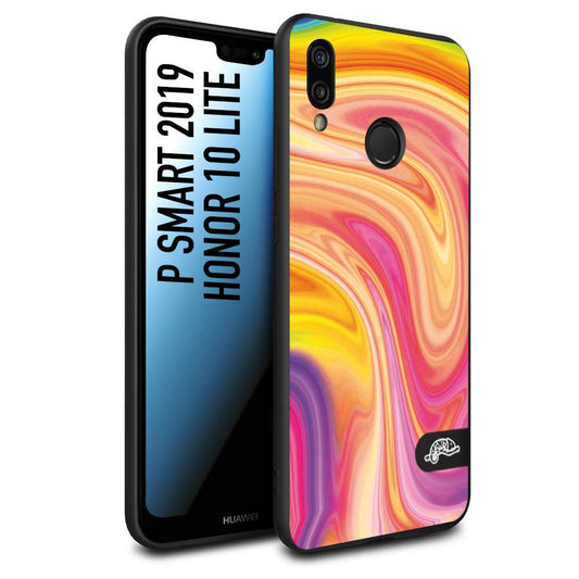 CUSTOMIZZA - Custodia cover nera morbida in tpu compatibile per Huawei P Smart 2019 colorata fantasia vortice marmo onde rosa fucsia gialla