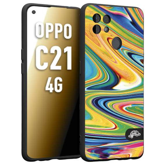 CUSTOMIZZA - Custodia cover nera morbida in tpu compatibile per Realme C21 4G colorata fantasia vortice marmo arcobaleno gialla verde blu